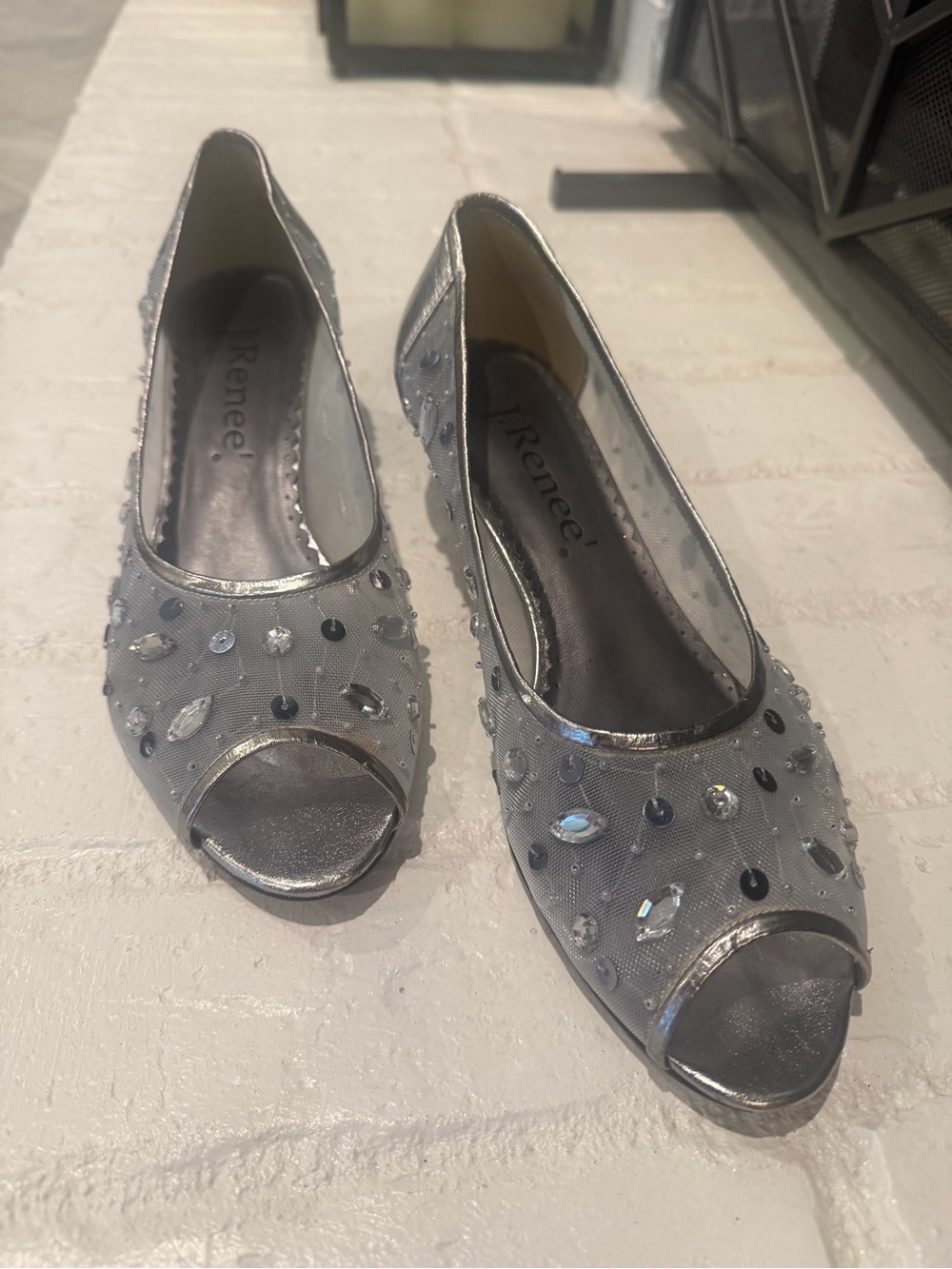 J.Renee Silver Jeweled Peep-Toe Flats